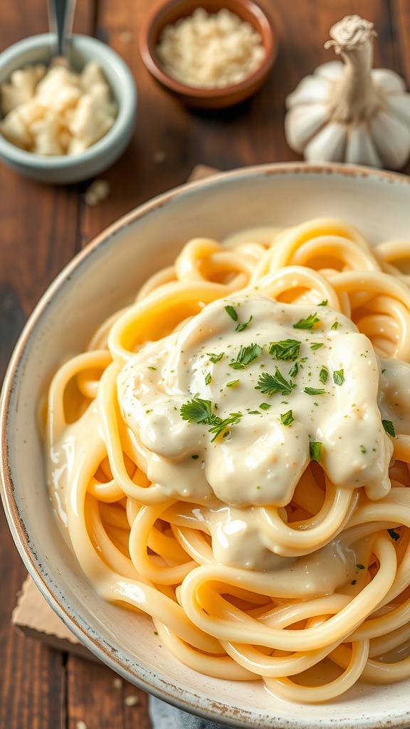 Creamy garlic Alfredo sauce over fettuccine with parsley garnish on a rustic wooden table.